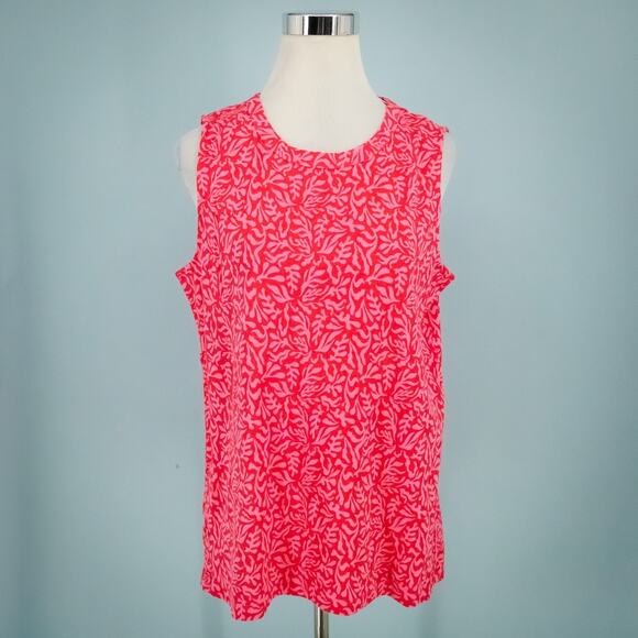 Chico's 2 Size Large L Pink Leaf Print Crew Neck Sleeveless Cotton Knit Tank Top - Picture 1 of 8